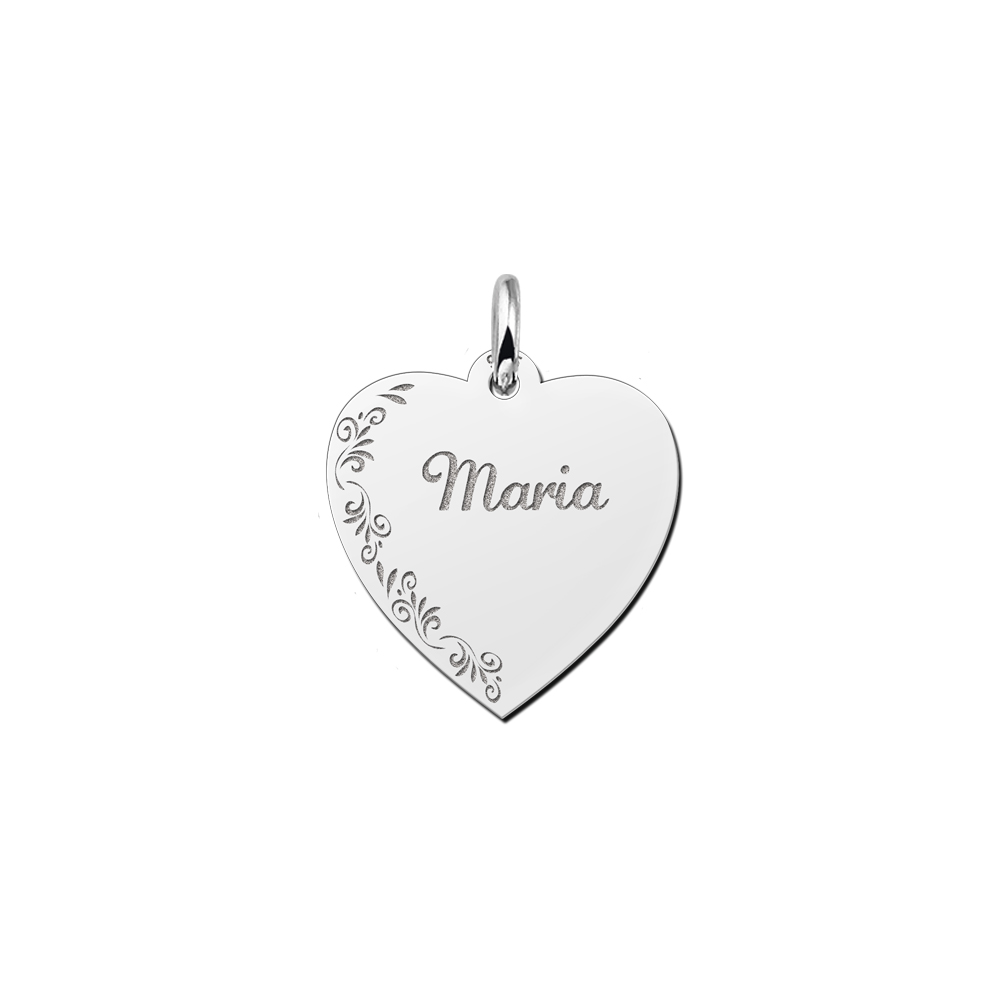 Silver Heart Necklace With Name And Flowers