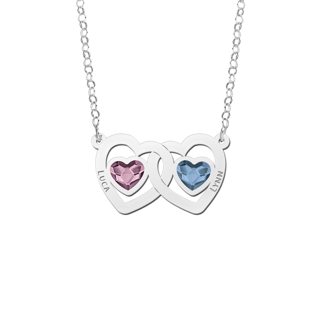 Silver family necklace with two hearts, names and birthstones