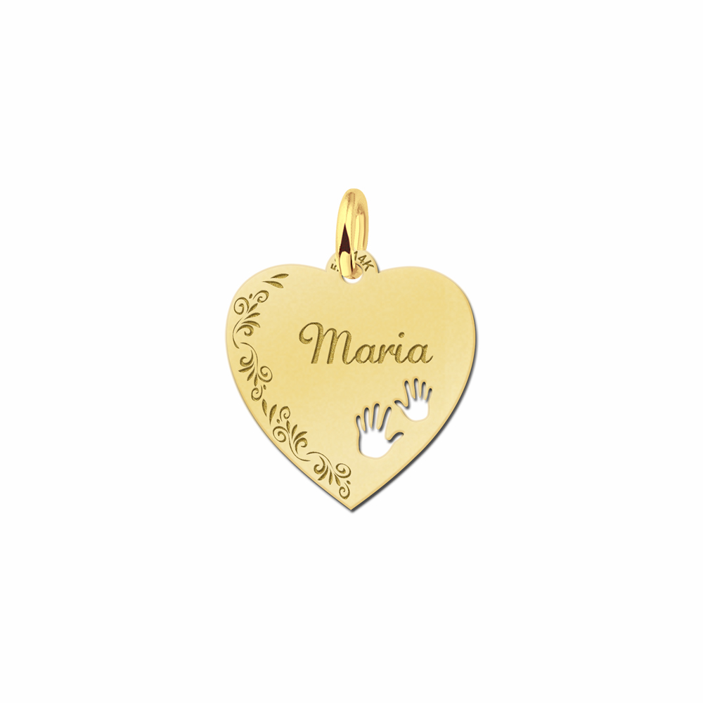 Golden Engraved Heart Necklace with Flowers and Feet