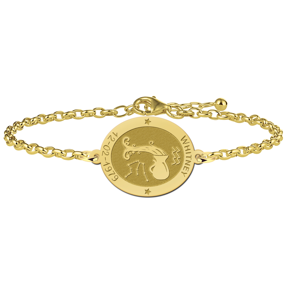 Gold Plated Oval Aquarius Zodiac Bracelet with Name and Date