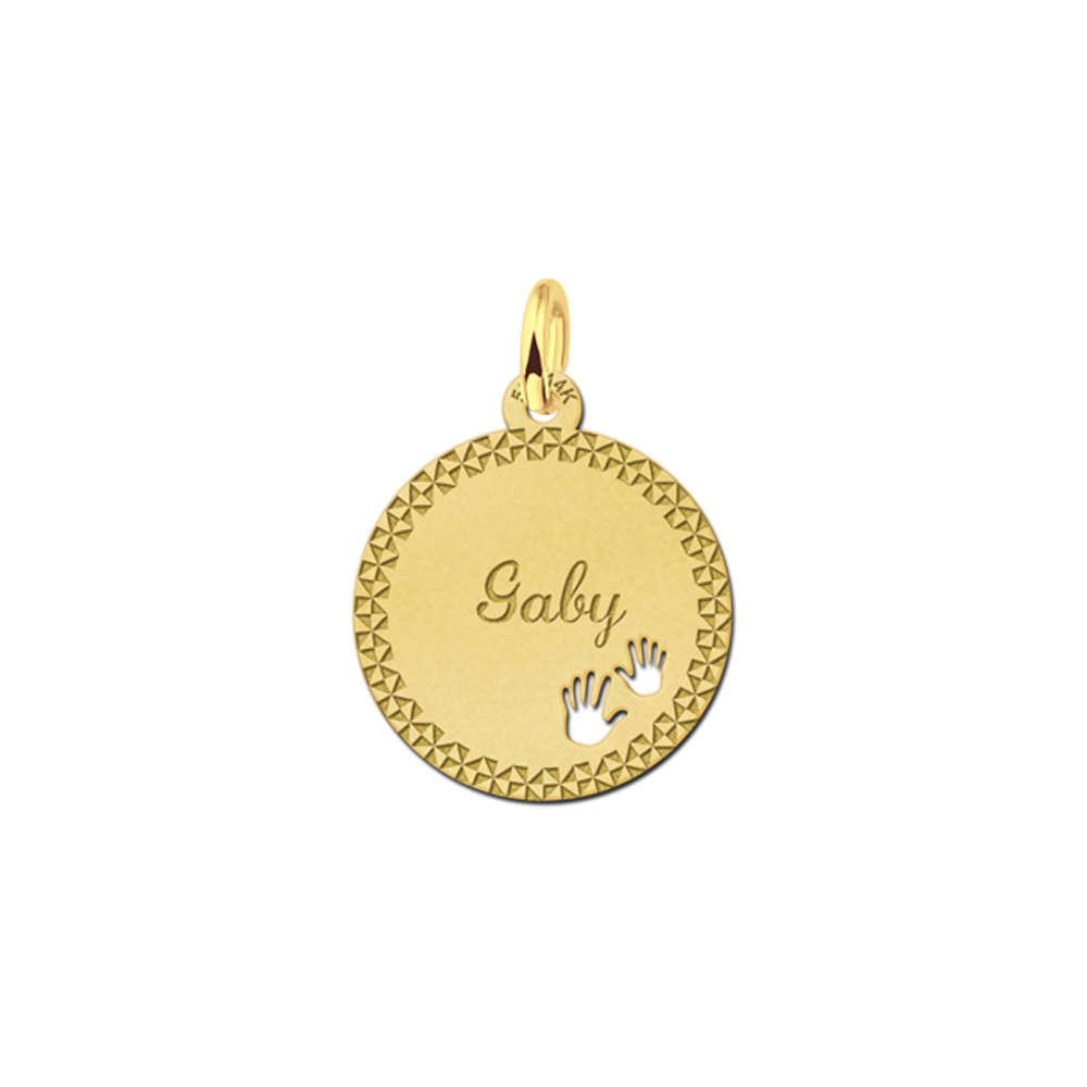 Gold Disc Necklace with Name, Border and Baby Hands