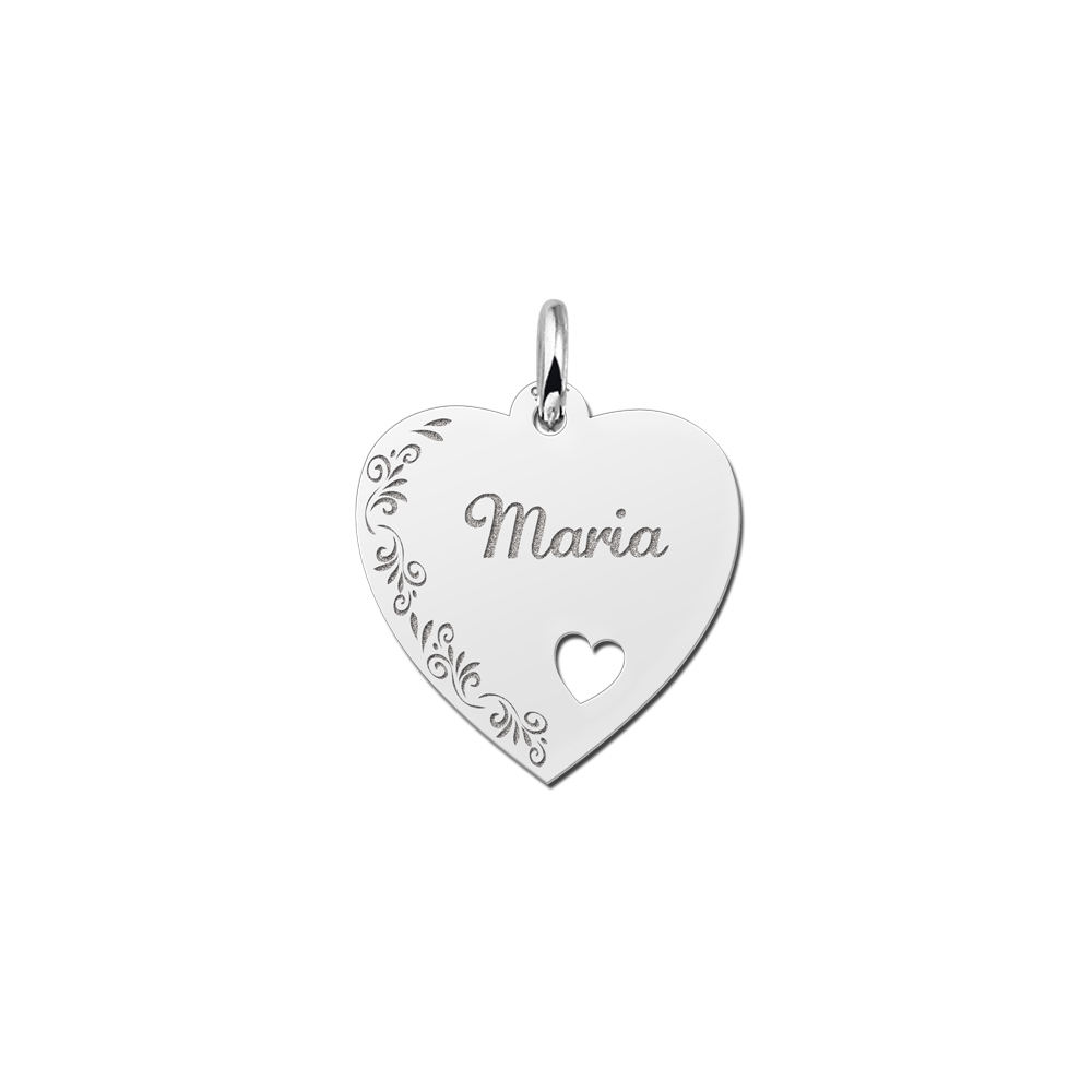 Silver Heart Necklace With Name, Flowers and Small Heart