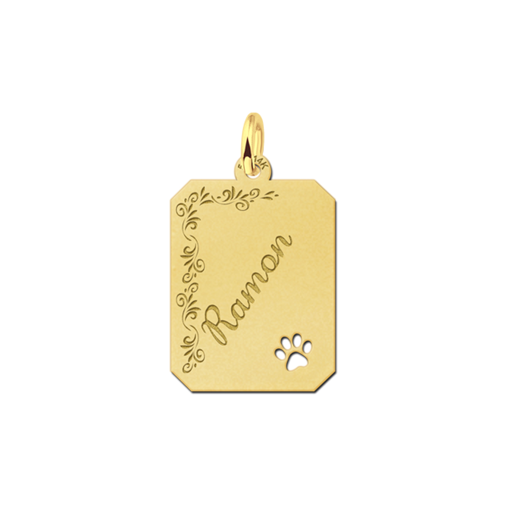 Gold Personalised Dog Tag with Name, Flowers and Dog Paw