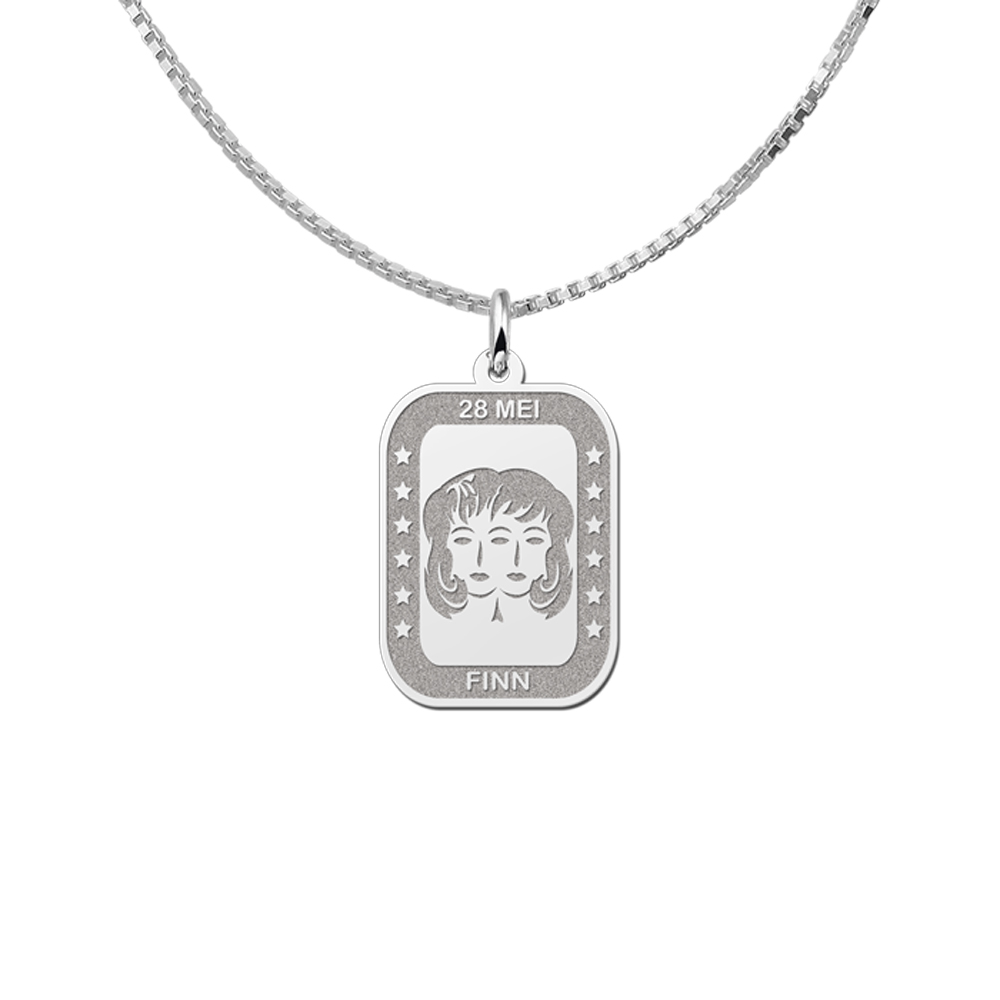 Silver Rectangular Zodiac Pendant Gemini with Name Engraving