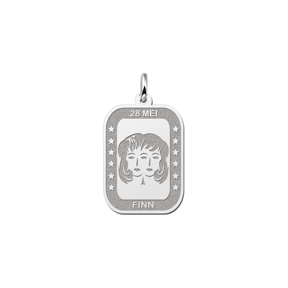 Silver Rectangular Zodiac Pendant Gemini with Name Engraving