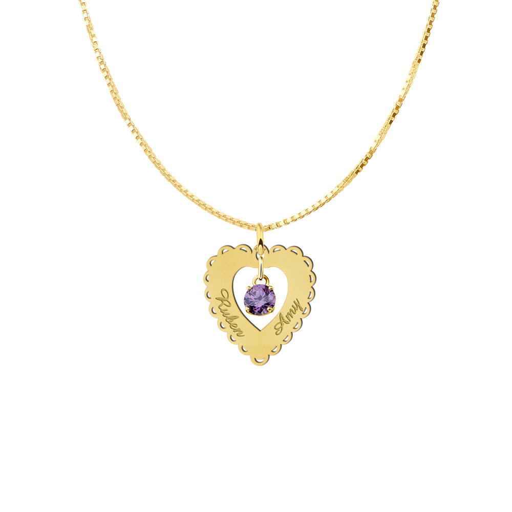 Golden pendant heart lace 2 names cubic zirconia