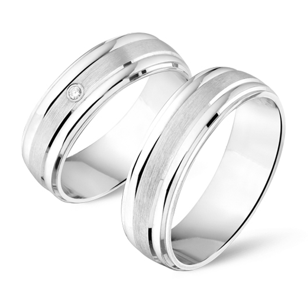 Brushed silver couples rings with polished bands and cubic zirconia