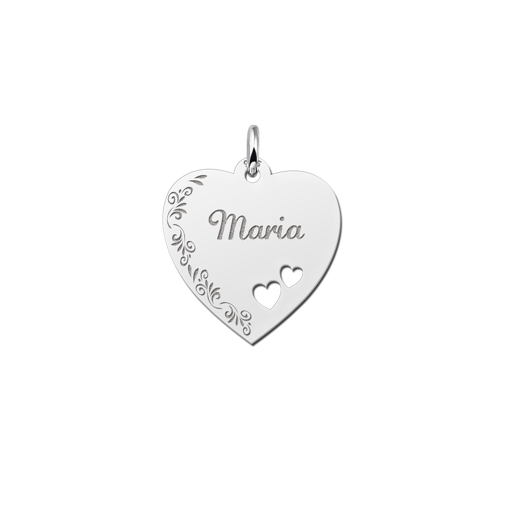 Silver Heart Engraved Necklace With Flowerborder and 2 Hearts