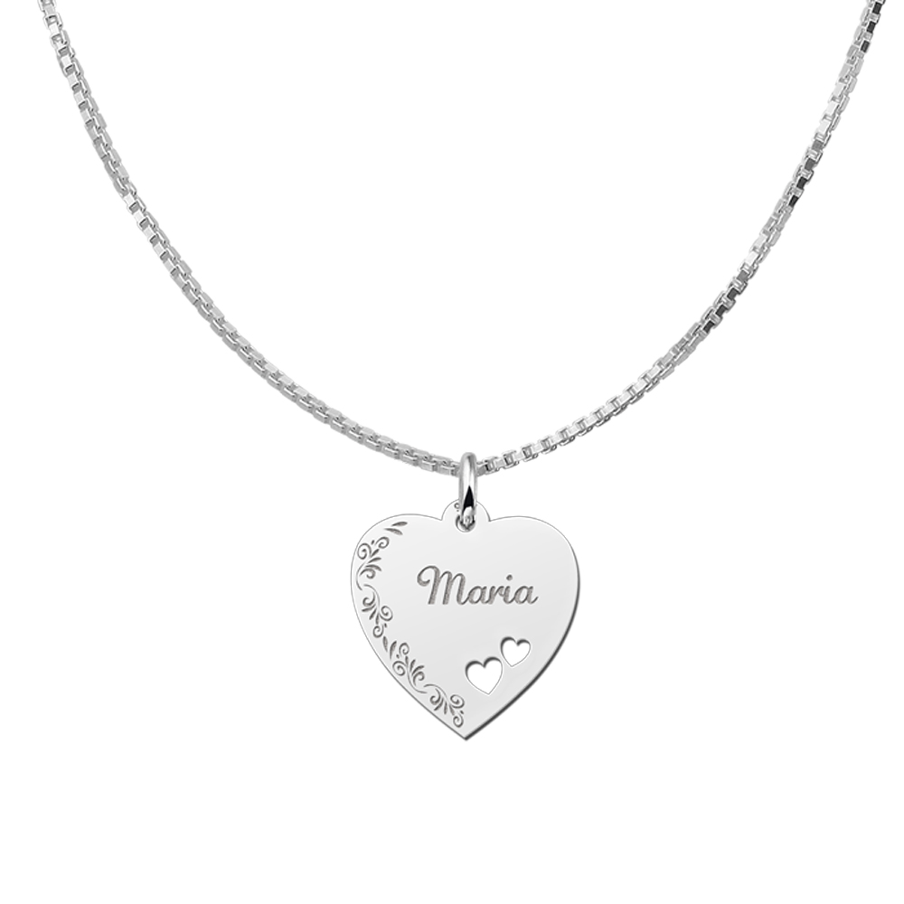 Silver Heart Engraved Necklace With Flowerborder and 2 Hearts