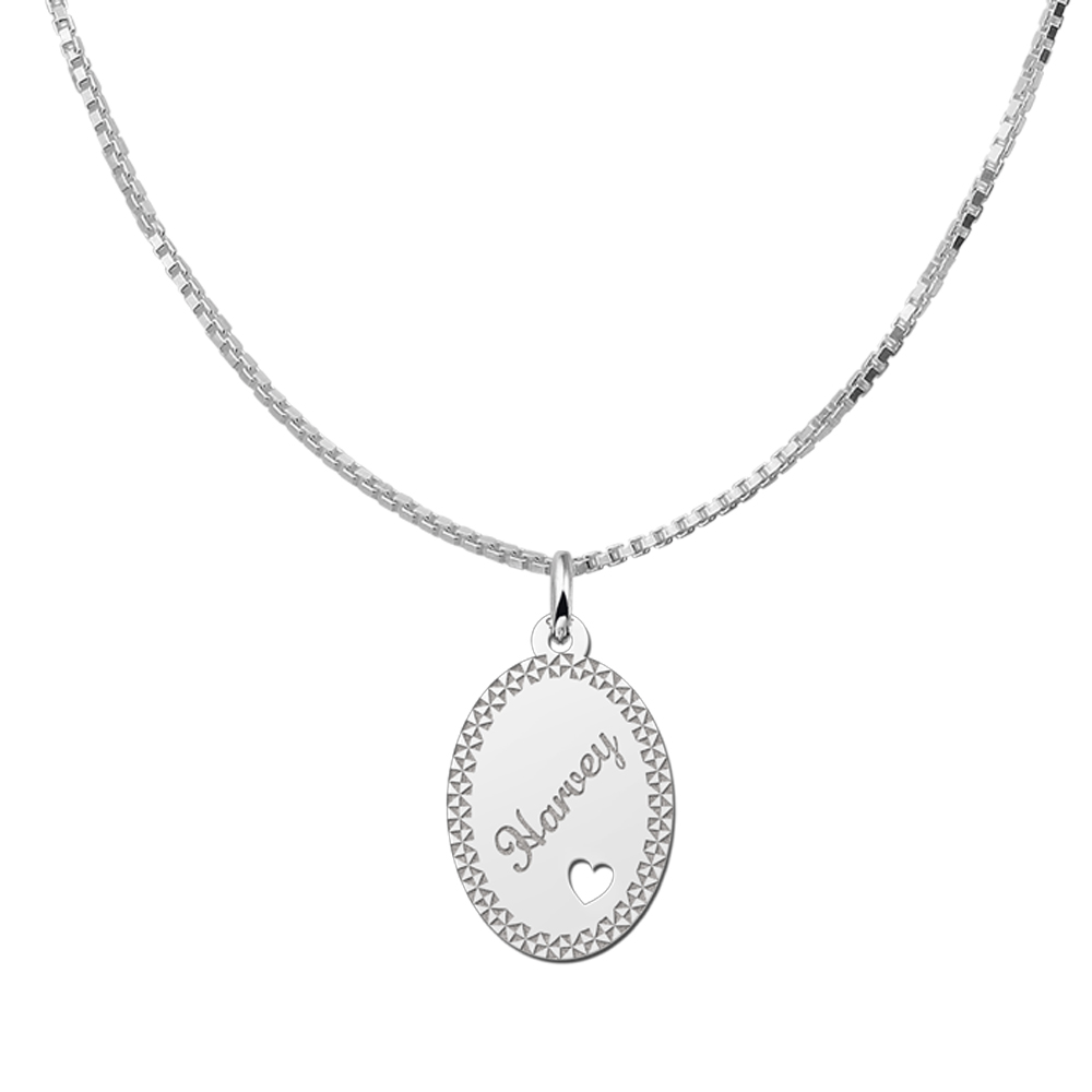 Silver Oval Necklace with Name, Border and Small Heart