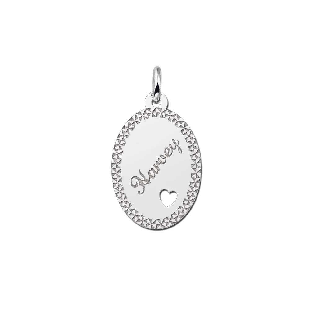 Silver Oval Necklace with Name, Border and Small Heart