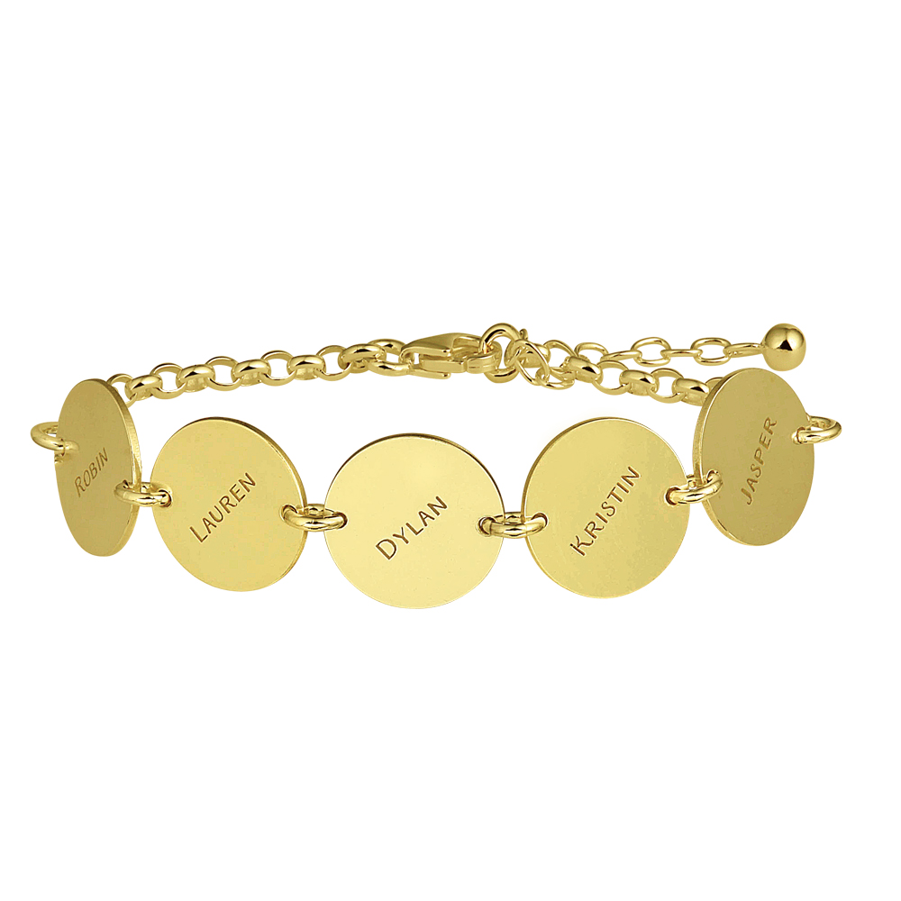 Gold bracelet with 5 names in cirkels