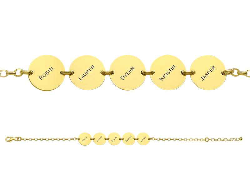 Gold bracelet with 5 names in cirkels