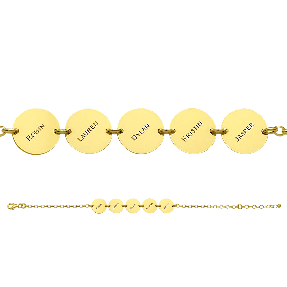 Gold bracelet with 5 names in cirkels