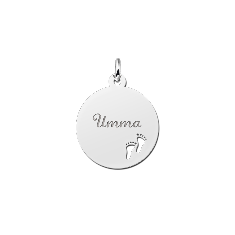 Silver pendant with name and baby feet
