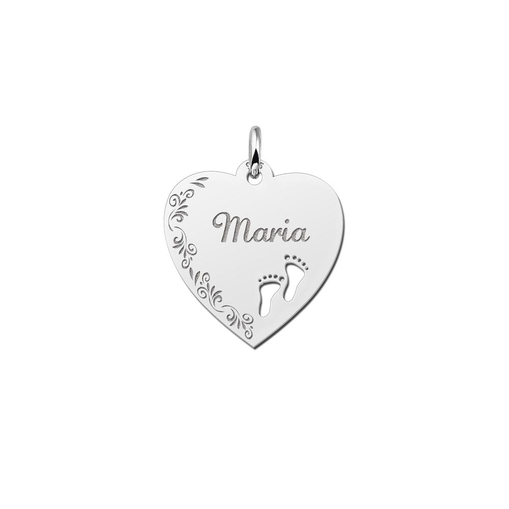 Silver Engraved Heart Necklace with Flowerboarder and two Feet