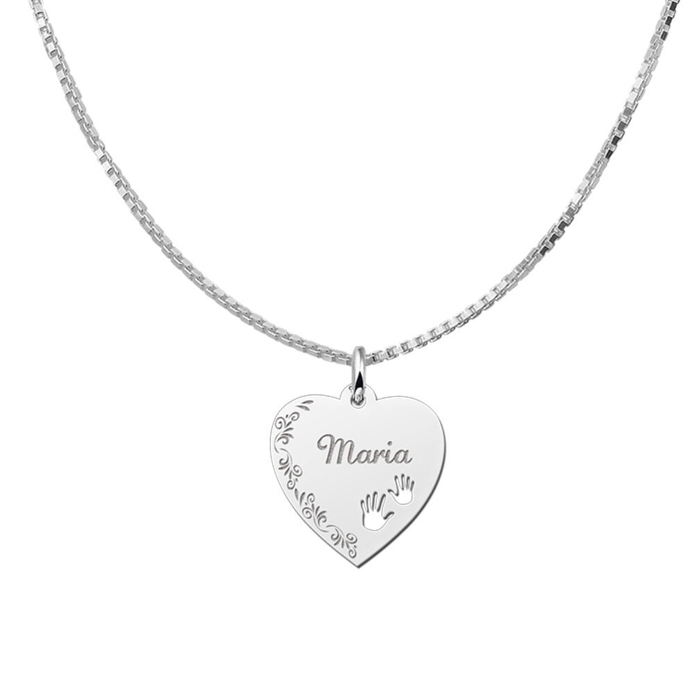Silver Engraved Heart Necklace with Flowers and Feet