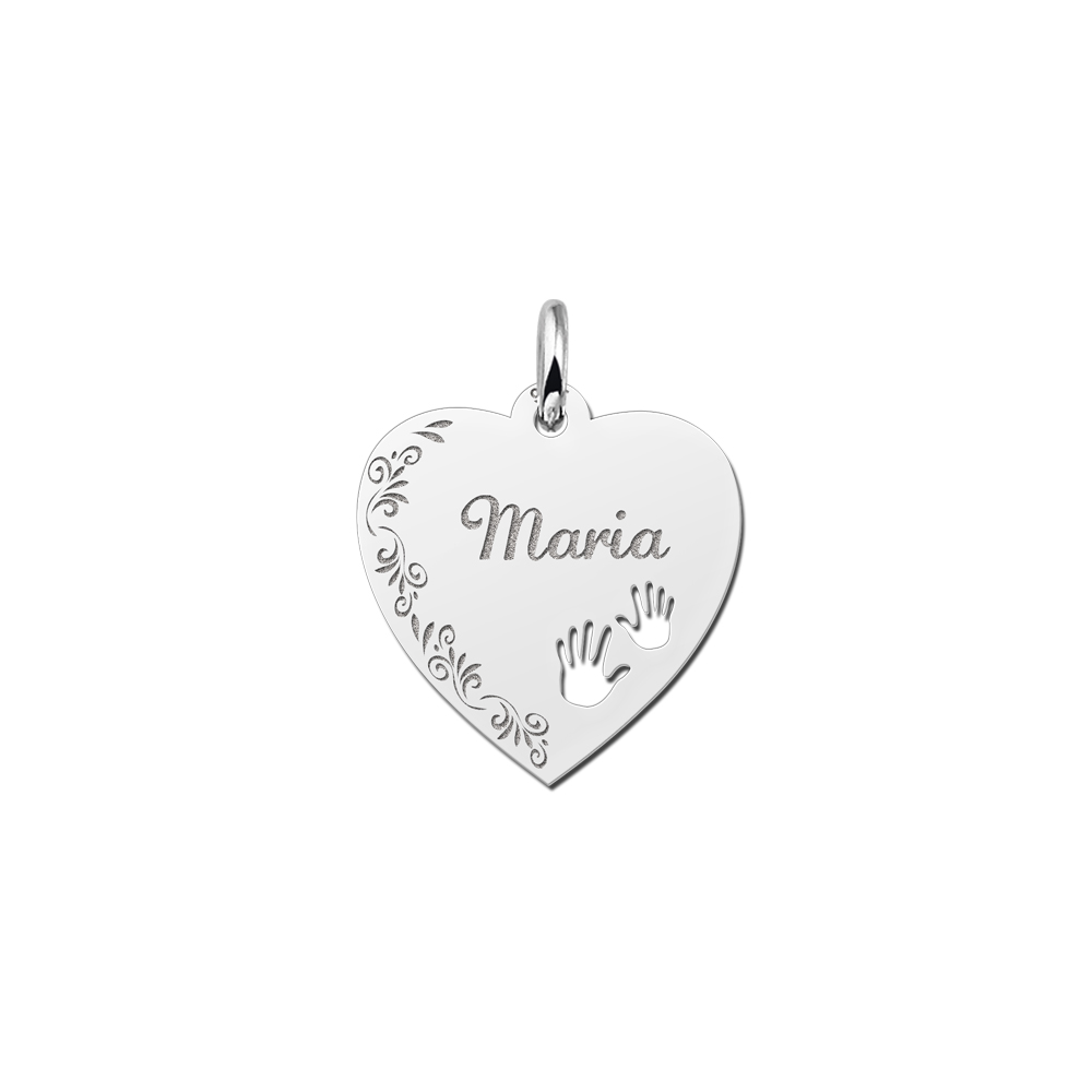 Silver Engraved Heart Necklace with Flowers and Feet