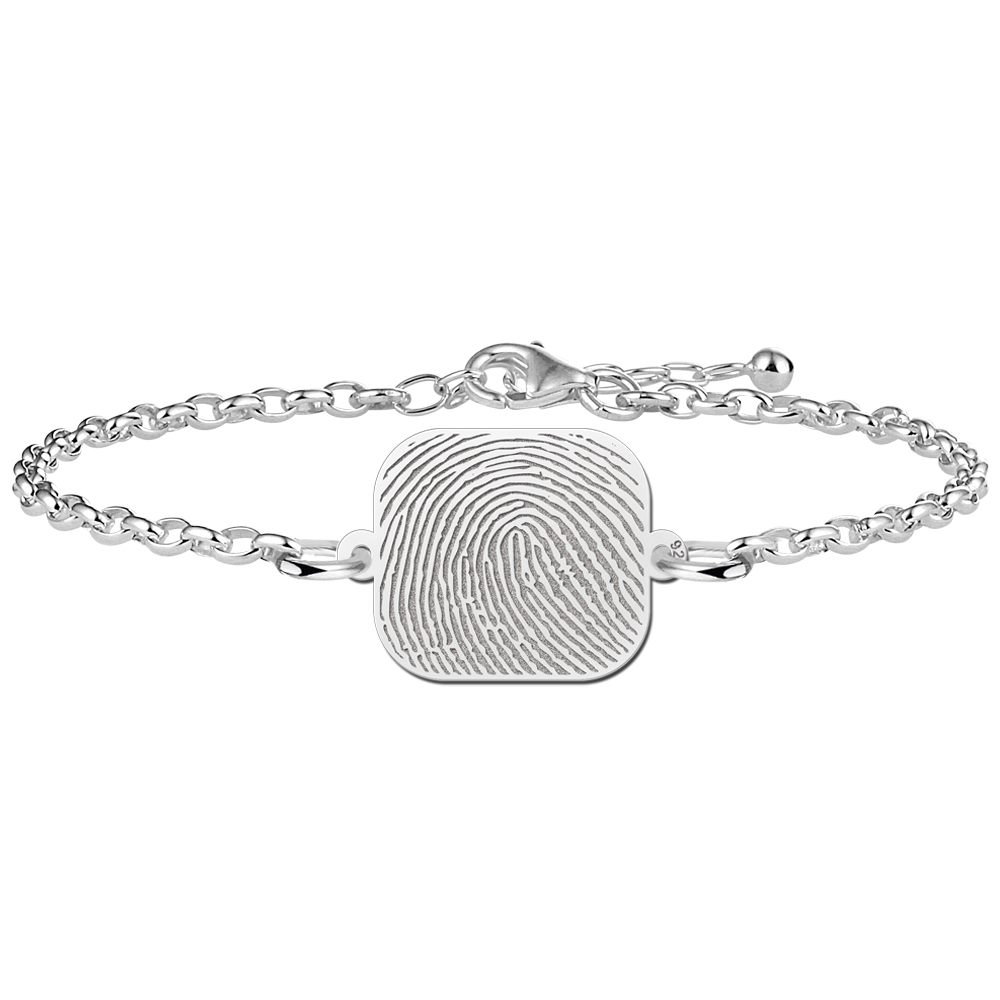 Sterling silver bracelet with rounded rectangular fingerprint charm