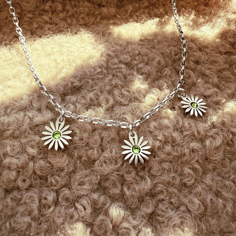 Silver necklace three daisies with birthstones