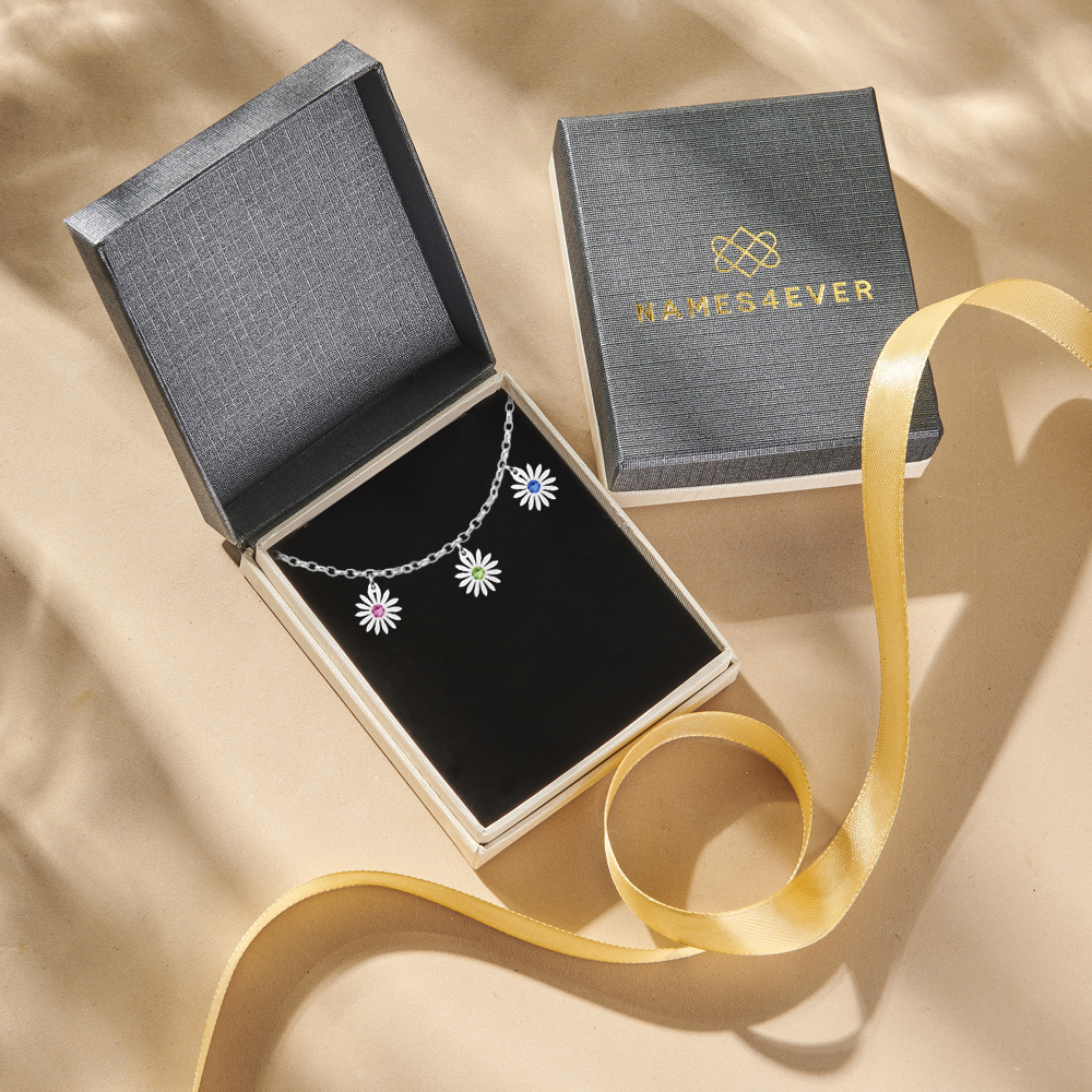 Silver necklace three daisies with birthstones