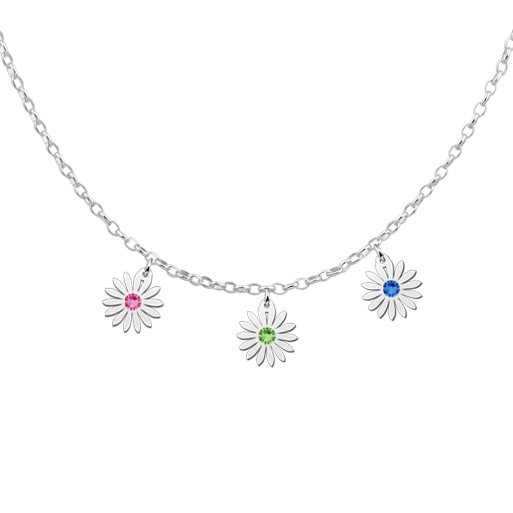Silver necklace three daisies with birthstones