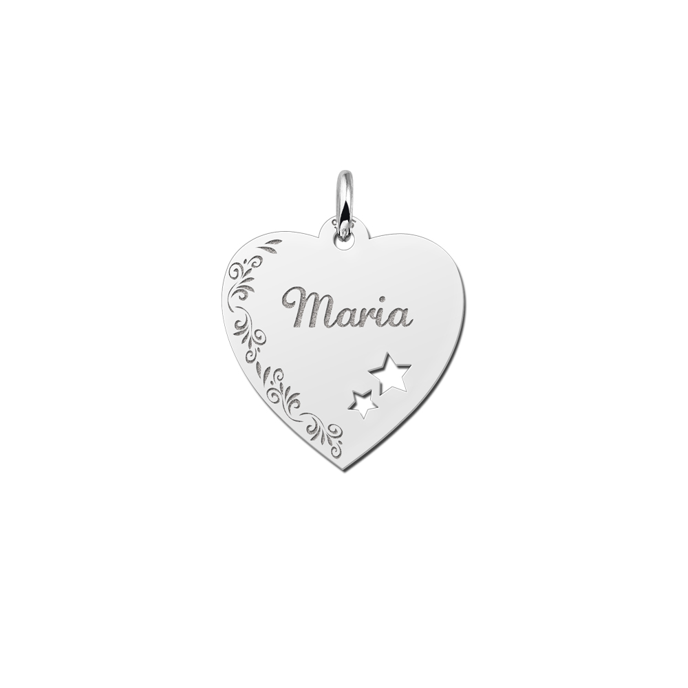 Silver Heart Nametag with Flowers and Stars