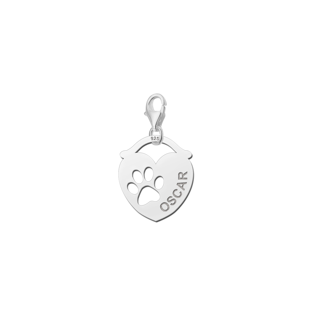 Sterling silver pet name charm in heart shape with paw print
