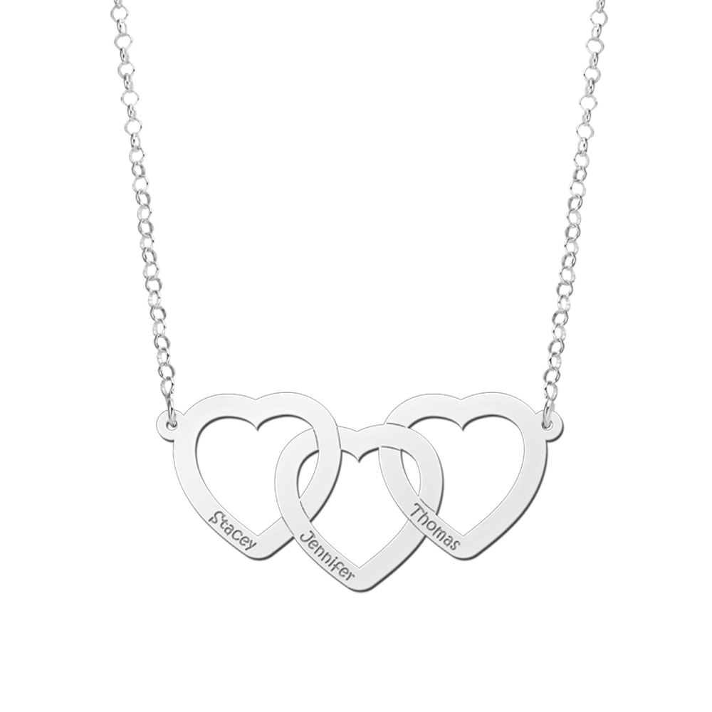 Silver necklace three hearts with name