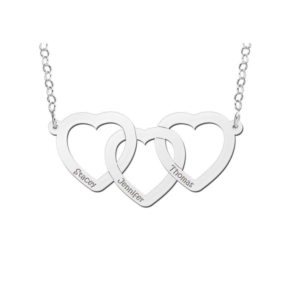 Silver necklace three hearts with name