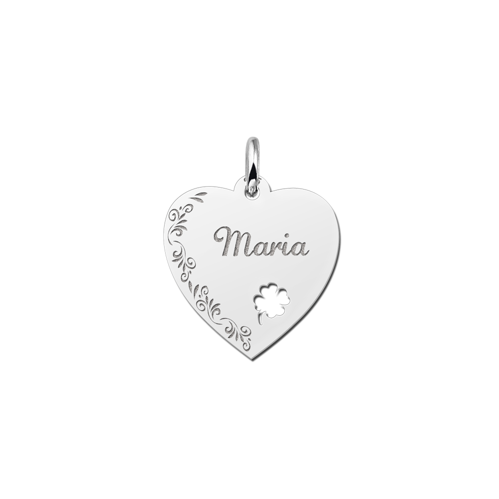 Silver Heart Nametag with Flowerboarder and Four Leaf Clover