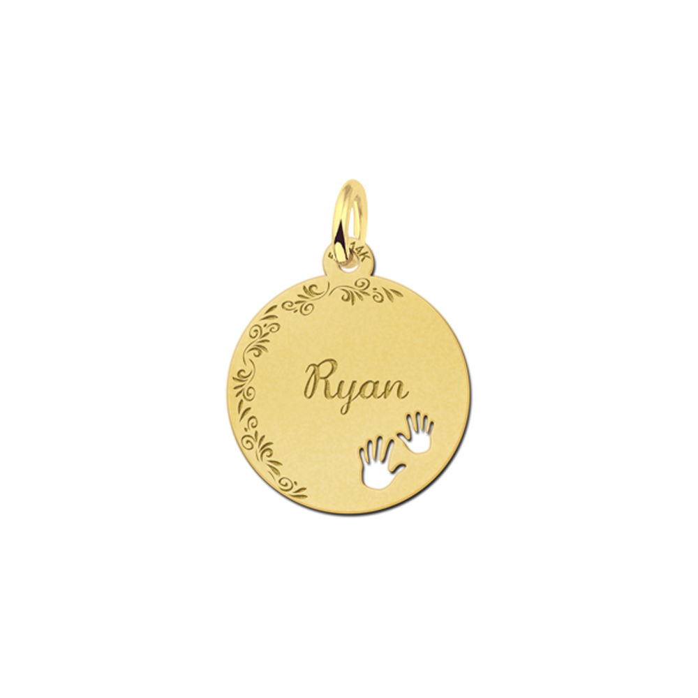 Gold Disc Necklace with Flowerborder and Cute Hands