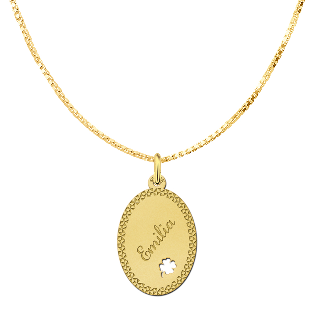 Engraved Golden Oval Necklace with Four Clover Large