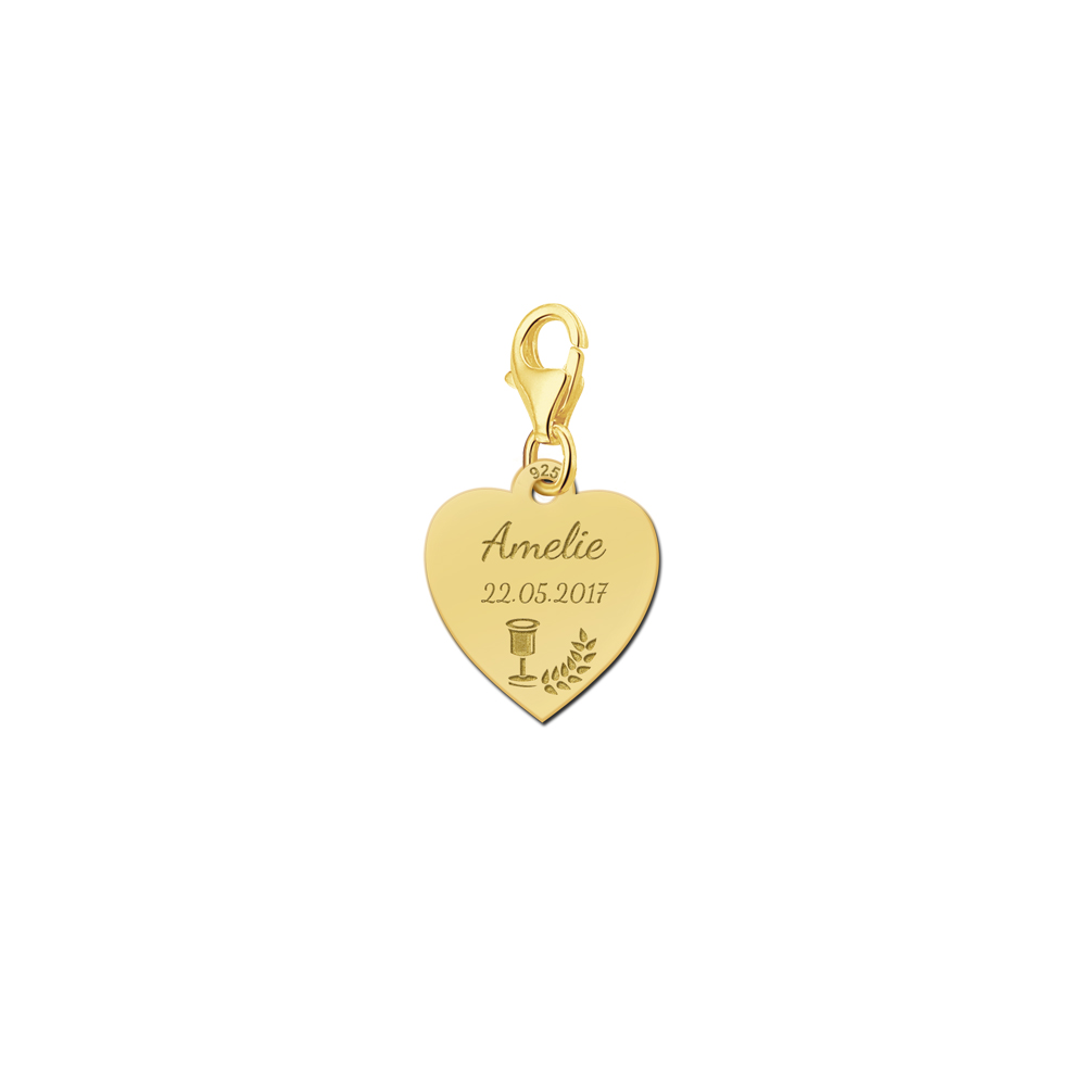 Gold Plated Heart Charm with Baptismal Font and Branch, Name and Date