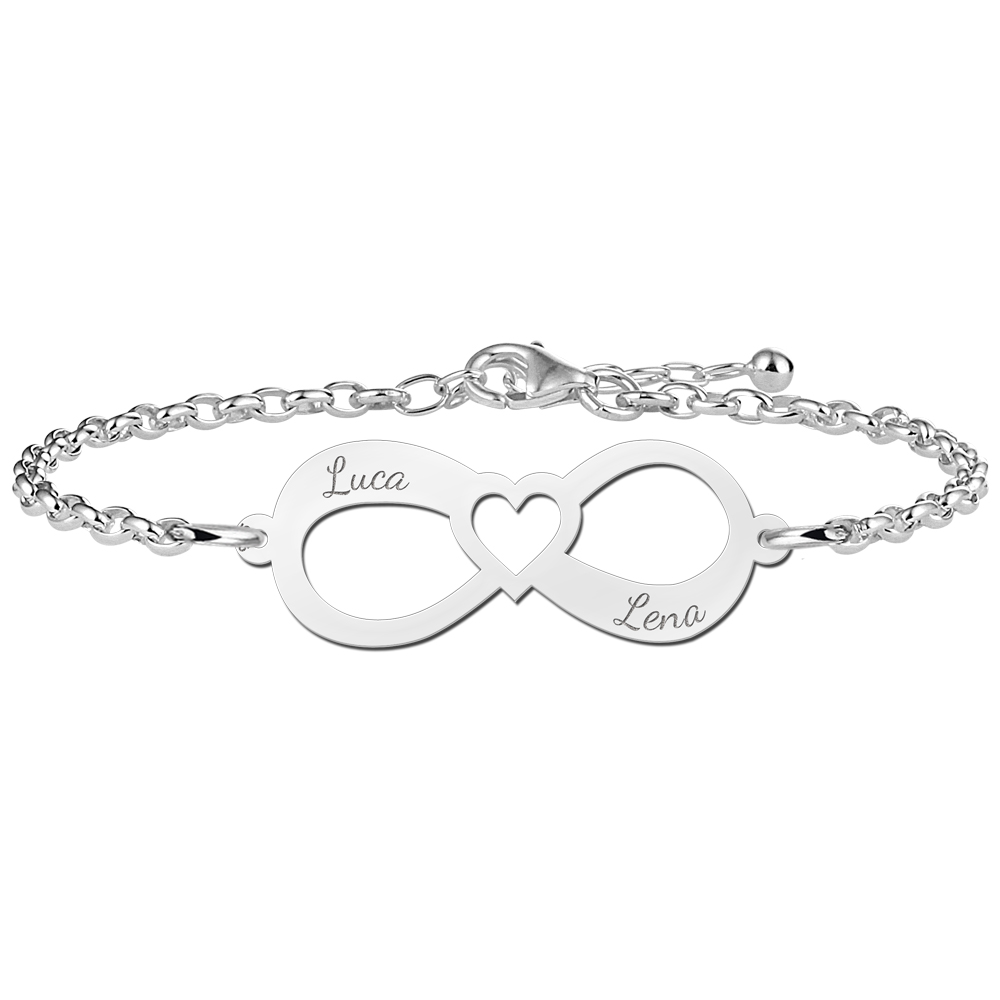 Silver infinity bracelet with two names with heart