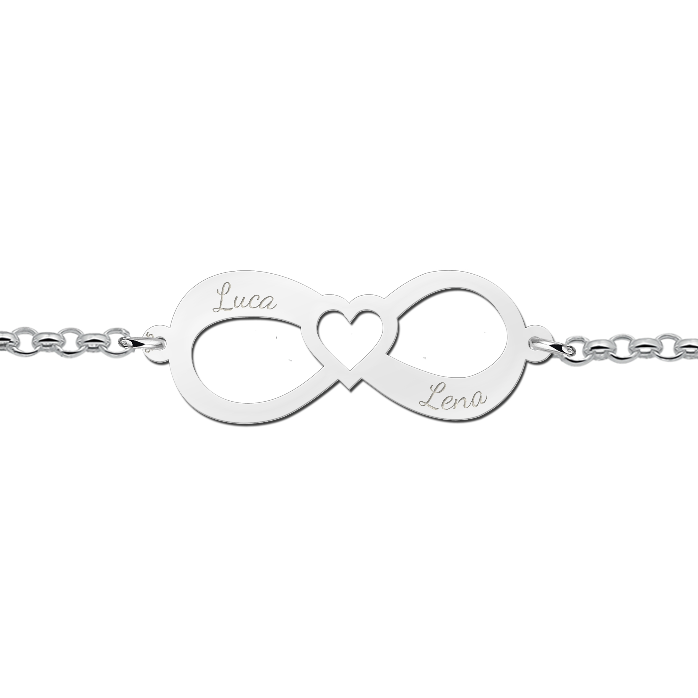 Silver infinity bracelet with two names with heart