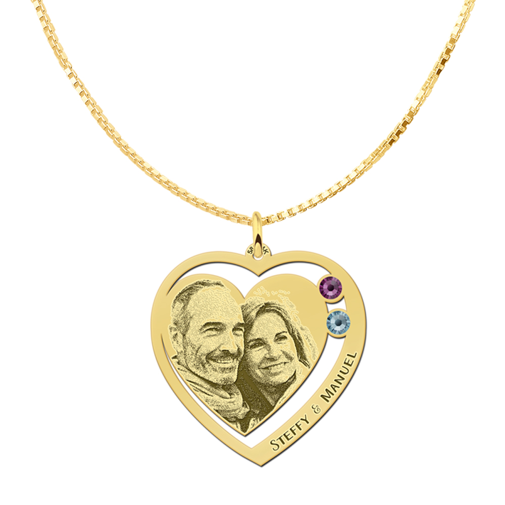 Photo jewellery with heart and two birthstones gold