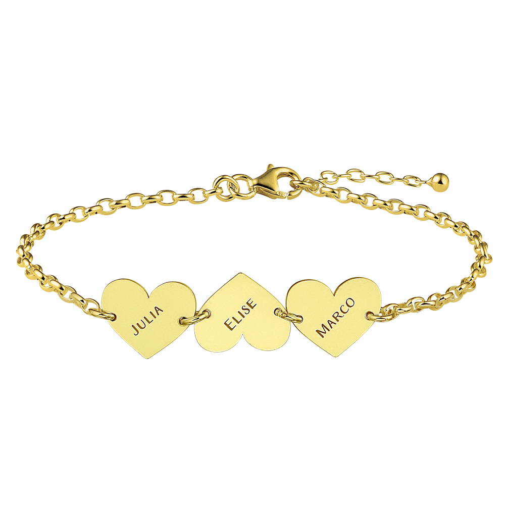 Gold name bracelet with 3 hearts