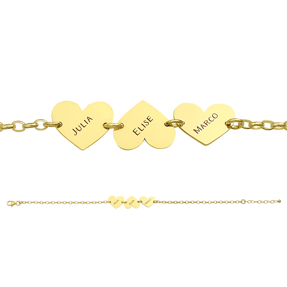 Gold name bracelet with 3 hearts