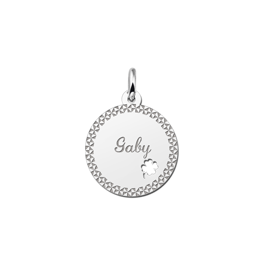 Personalised Silver Disc Pendant with Border and Four Leaf Clover