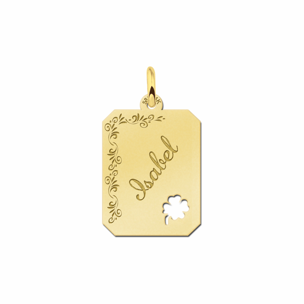Silver engraved rectangle16 nametag flower design 4leafclover