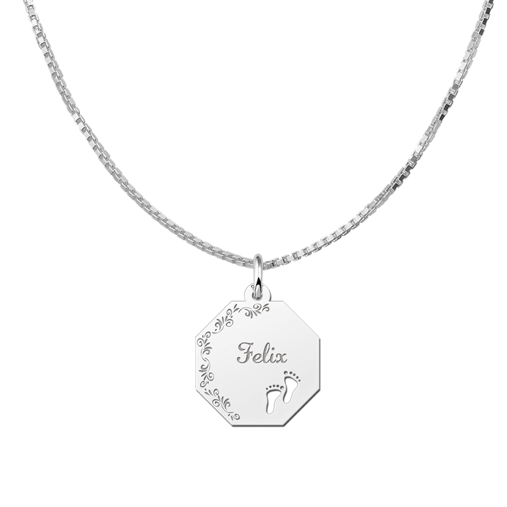 Silver Octagon Pendant with Name, Flowers and Babyfeet