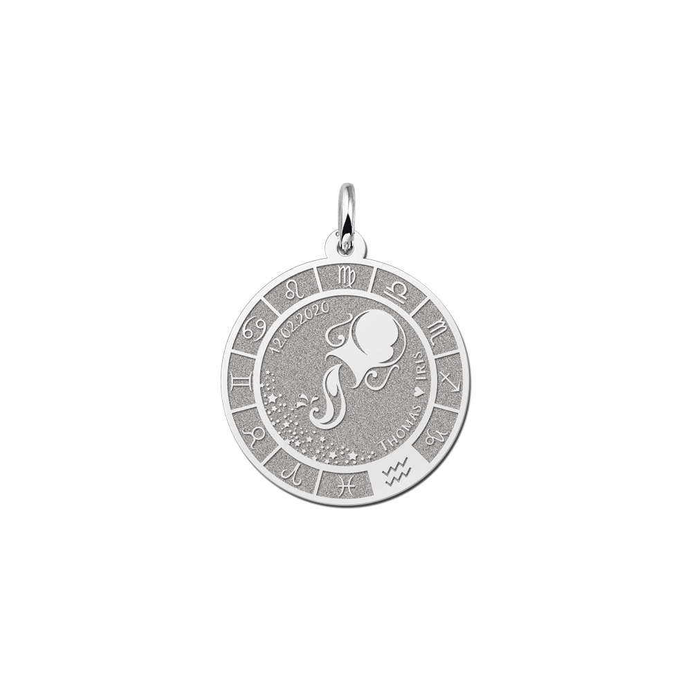 Silver Round Zodiac Pendant Aquarius with Name Engraving