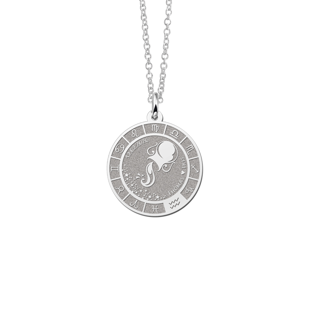 Silver Round Zodiac Pendant Aquarius with Name Engraving