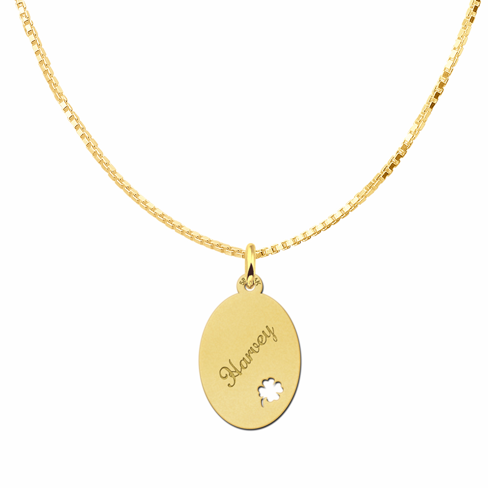 Engraved Golden Oval Necklace with Four Clover