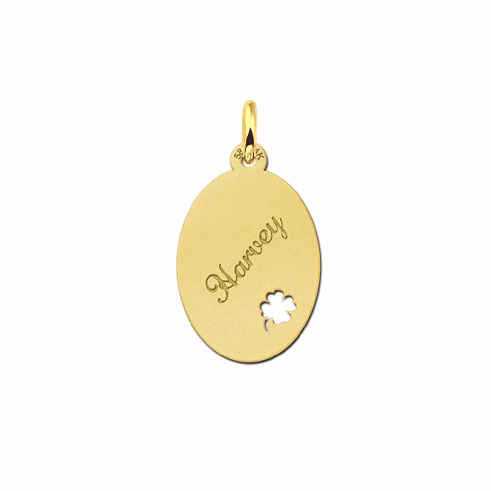 Engraved Golden Oval Necklace with Four Clover