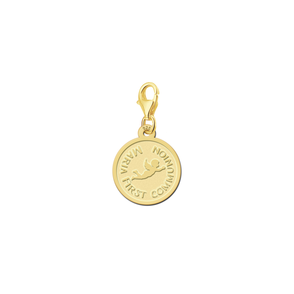 Gold Plated Round Charm with Angel and Custom Text