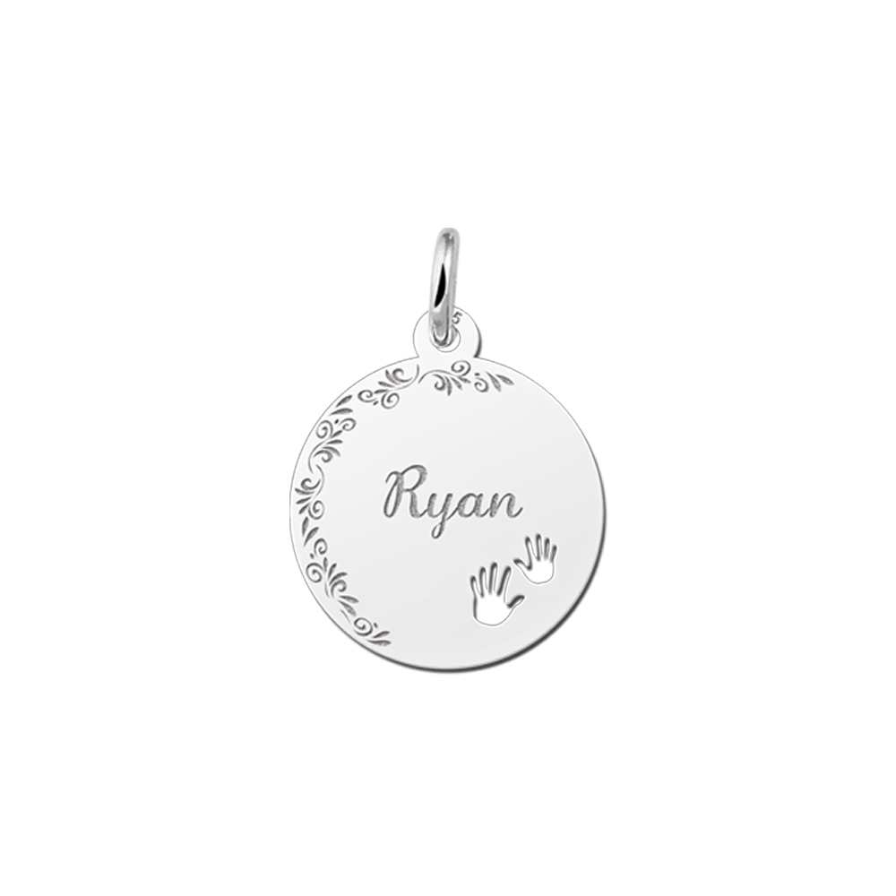 Silver Disc Necklace with Flowerborder and Cute Hands