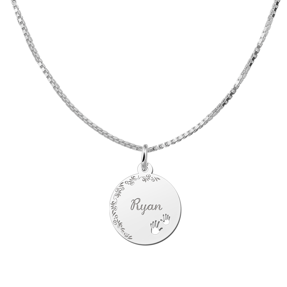Silver Disc Necklace with Flowerborder and Cute Hands