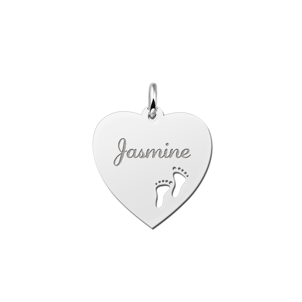 Silver engraved heart nametag feet